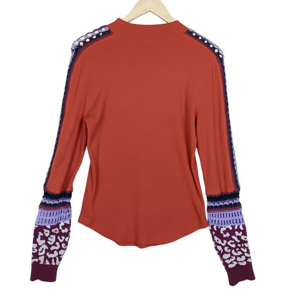 Free People Orange Boho “Switch It Up Thermal” Long Sleeve Knitted Top Size L - Picture 2 of 6